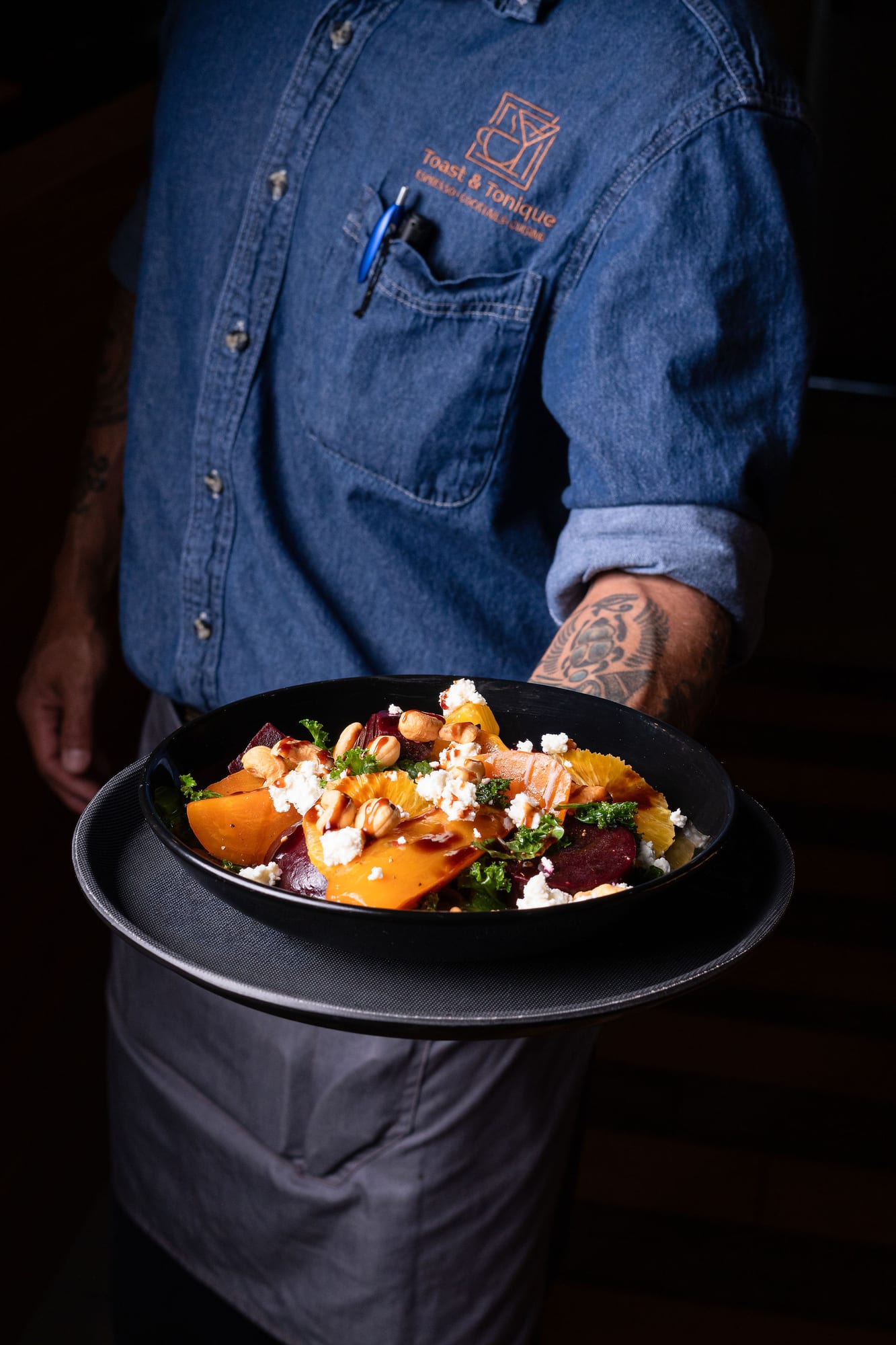 A roasted beet and citrus salad with feta and greens